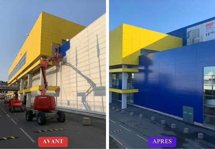 avant/après remise en peinture électrostatique bardage magasin