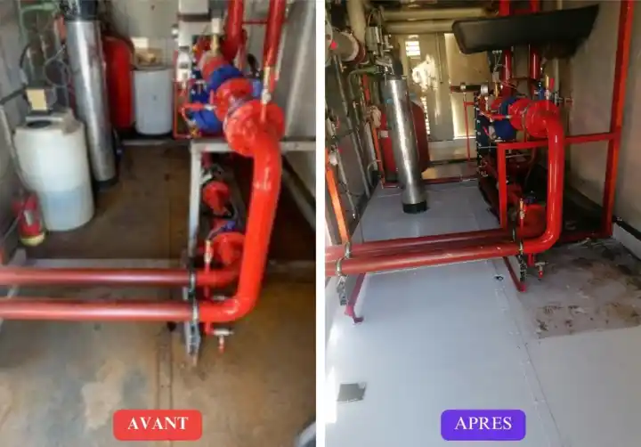 avant/après la remise en peinture électrostatique tuyauterie industrielle