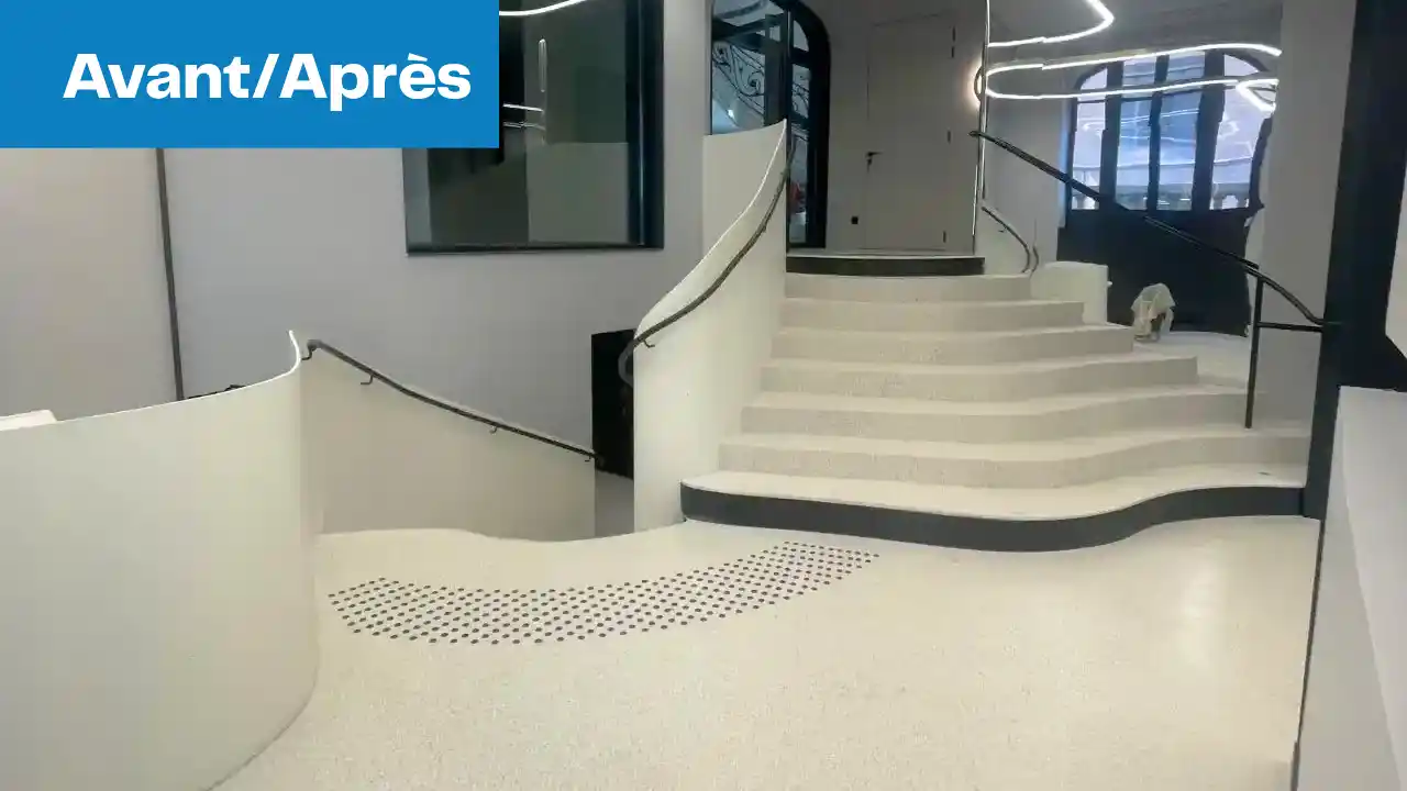 Avant-Après escalier en relief Groupama immobilier par peinture électrostatique