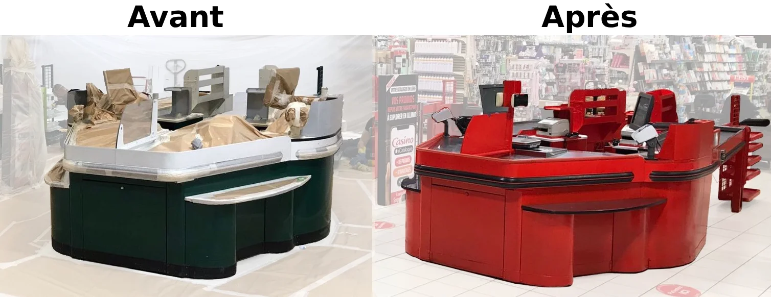 Avant - Après la remise en peinture électrostatique d'une caisse de magasin