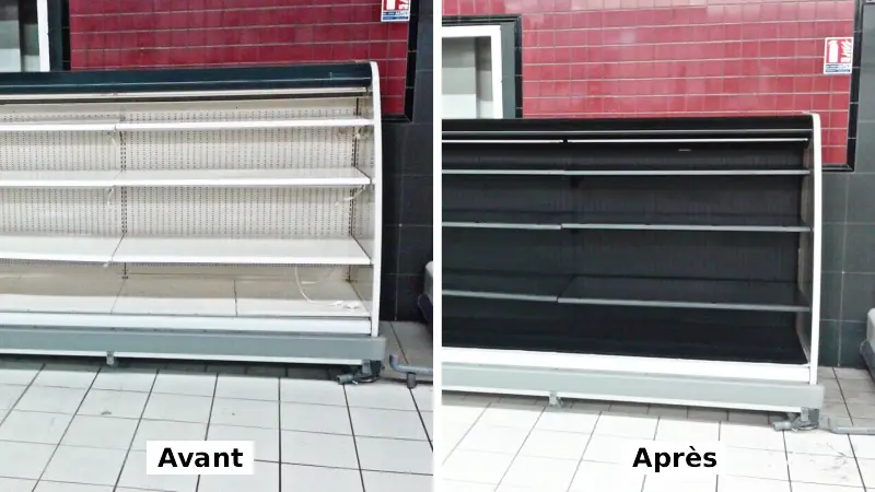 peinture-electrostatique-gondole-froide Avant/Après peinture électrostatique mobilie de magasin