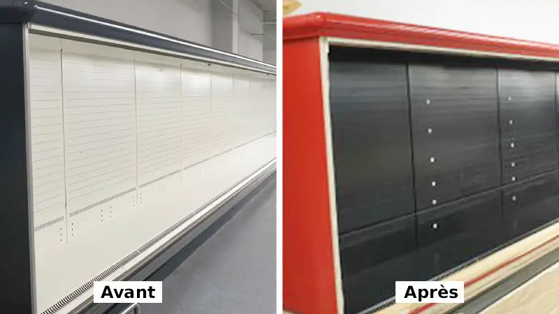 peinture-electrostatique-gondole-seche Avant/Après peinture électrostatique gondole de magasin