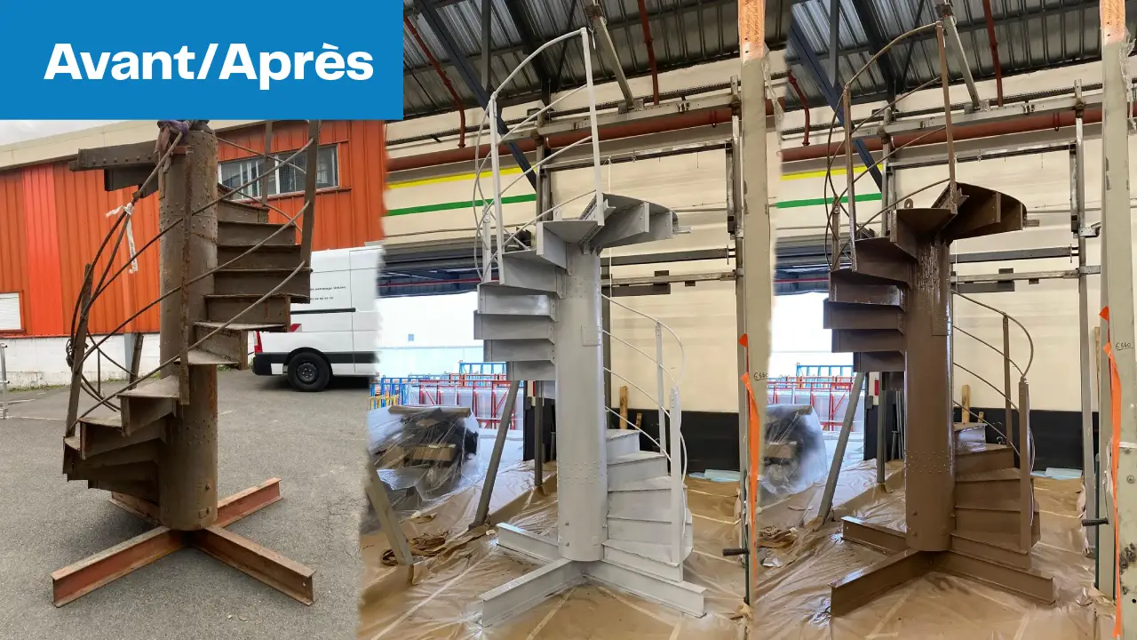Avant-Après déplombage et peinture électrostatique sur l'escalier de la Tour Eiffel