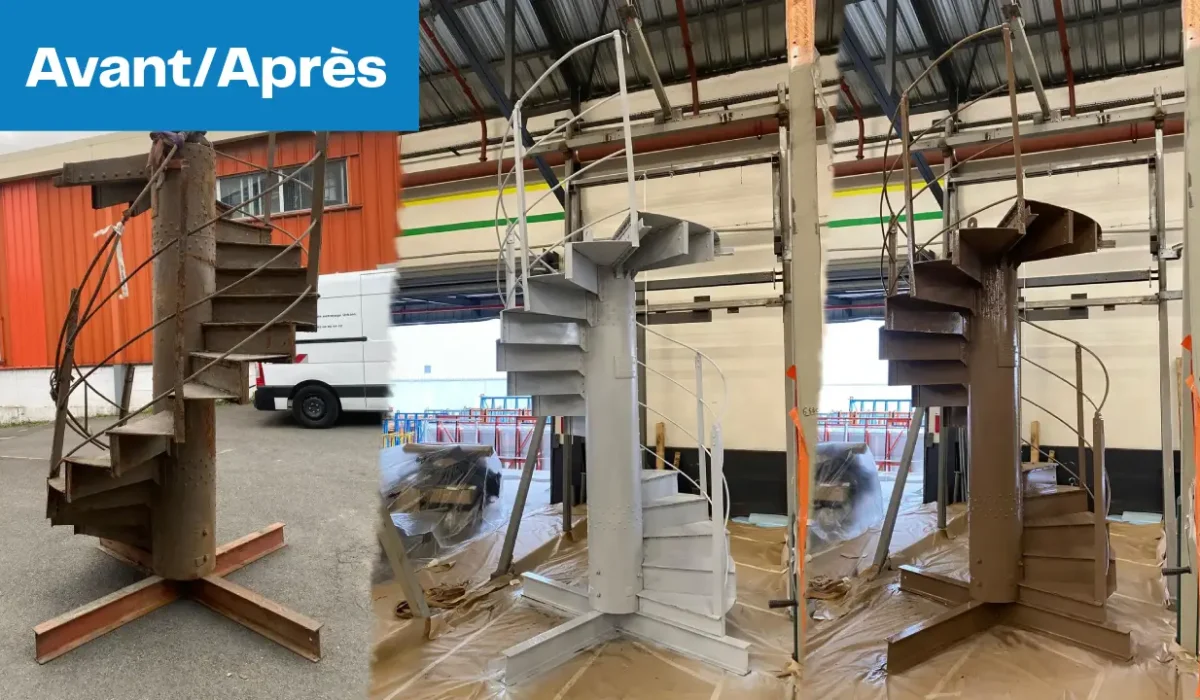 Avant-Après déplombage et peinture électrostatique sur l'escalier de la Tour Eiffel